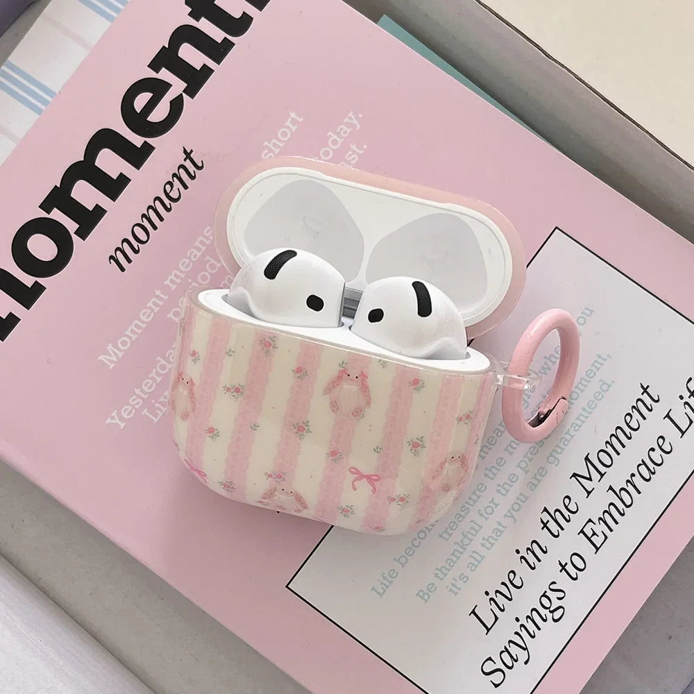 Lovely Pink Stripe Suitable Girl Wireless Bluetooth Earphone Case Protection Cover For Apple AirPods 1 2 3 4 Pro 2 Soft Shell