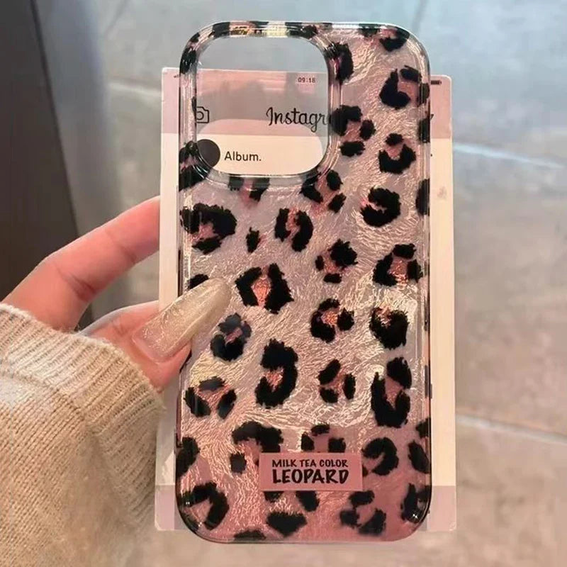 Retro Gradient Pink Texture Laser Phone Case For iPhone 17 16 Pro Max 15 14 13 12 11 XS 7 8 Plus 16E Stylish Leopard Print Cover