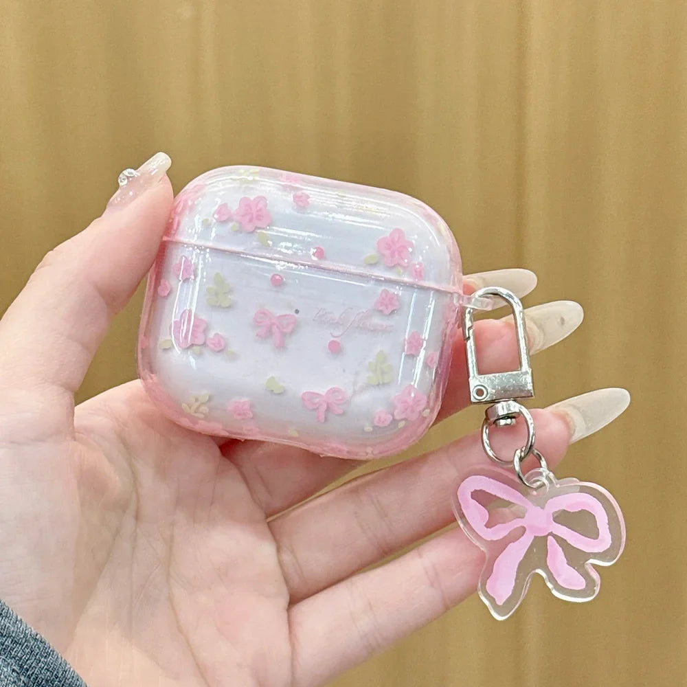 transparent pink flower bowknot earphone case for airpods 1 2 3 4 cover protection for Airpod Pro Pro 2nd Funda Shockproof Coque