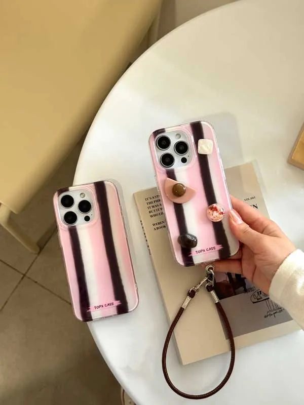 Pink Stripe leather strap Bracelet Phone Case For Iphone 16ProMax 13 14 15 16 Pro Max 16Pro 15ProMax 15Pro 14Pro Cover Fundas