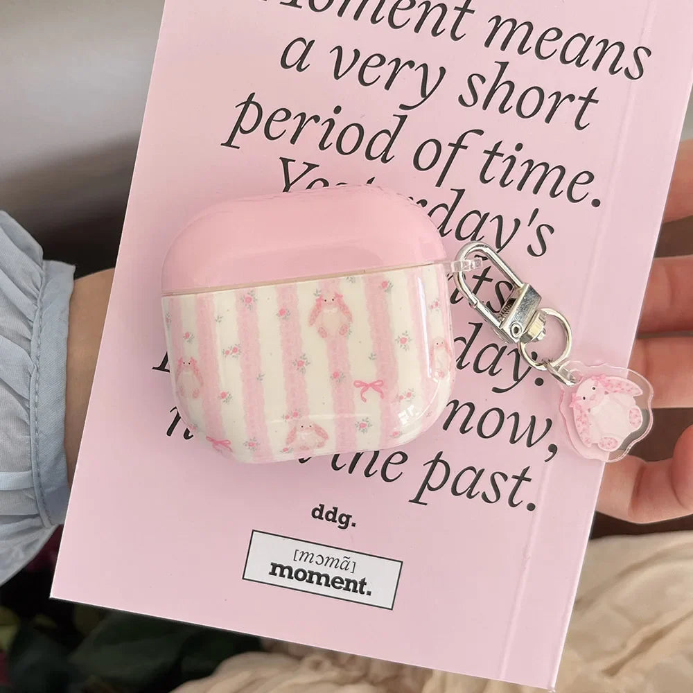 Lovely Pink Stripe Suitable Girl Wireless Bluetooth Earphone Case Protection Cover For Apple AirPods 1 2 3 4 Pro 2 Soft Shell