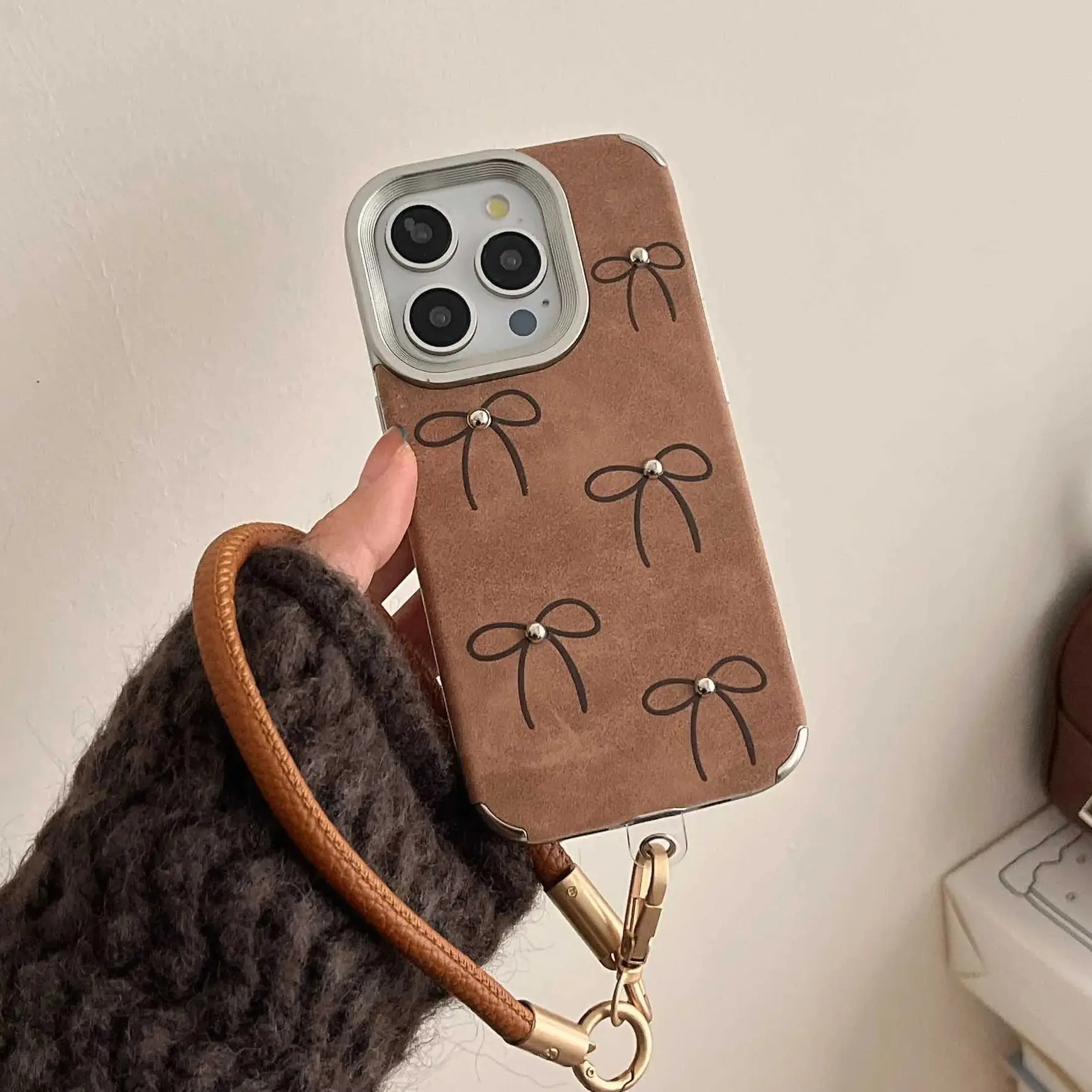 Plating Shockproof Cover for iphone 13 14pro 16 15 pro max 15promax 16pro 14 rope ins bowknot 3d bead autume leather phone case