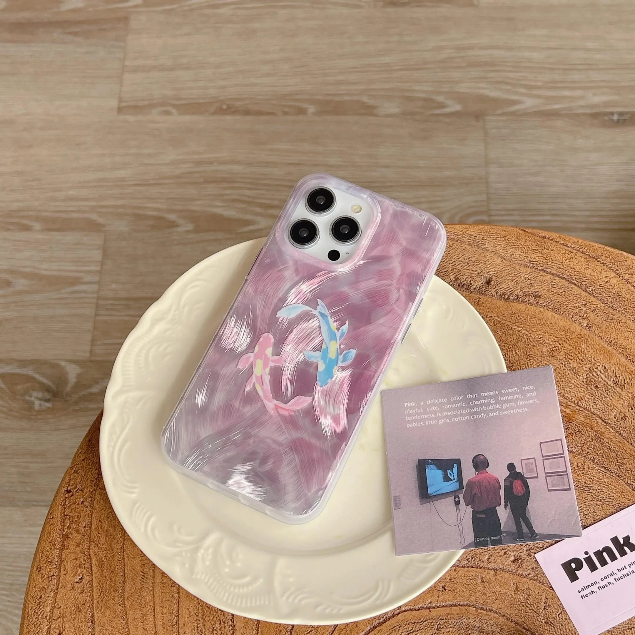 Pink shiny two colorful fishes phone case for iphone 14 13 15 pro max 15pro 13pro 14pro 12pro 15promax 12 neo-chinese coque capa