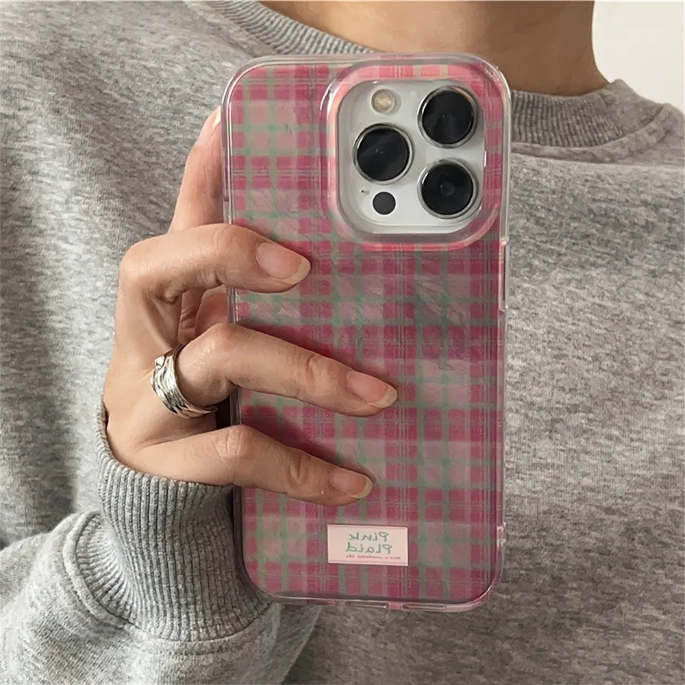 Cute Dopamine Color Block Match Plaid Clear Phone Case for iPhone 16 15 14 13 12 11 Pro Max 7 8 Plus X XS Pink Tartan Soft Cover
