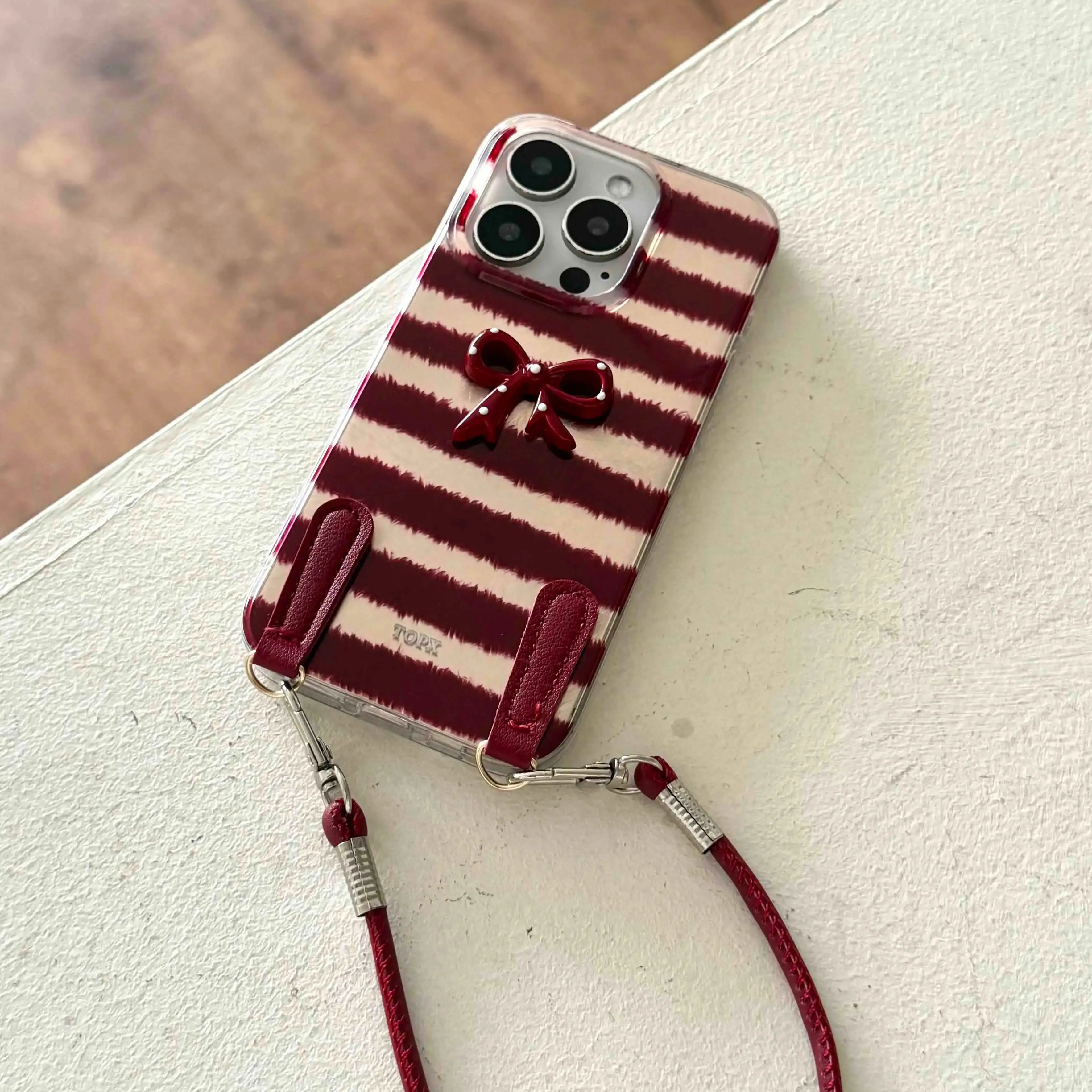 Red stripes autume winter 3d bowknot  cover for iphone 15pro 16promax 16 13pro 12 14 13 15 pro max 14promax rope phone case