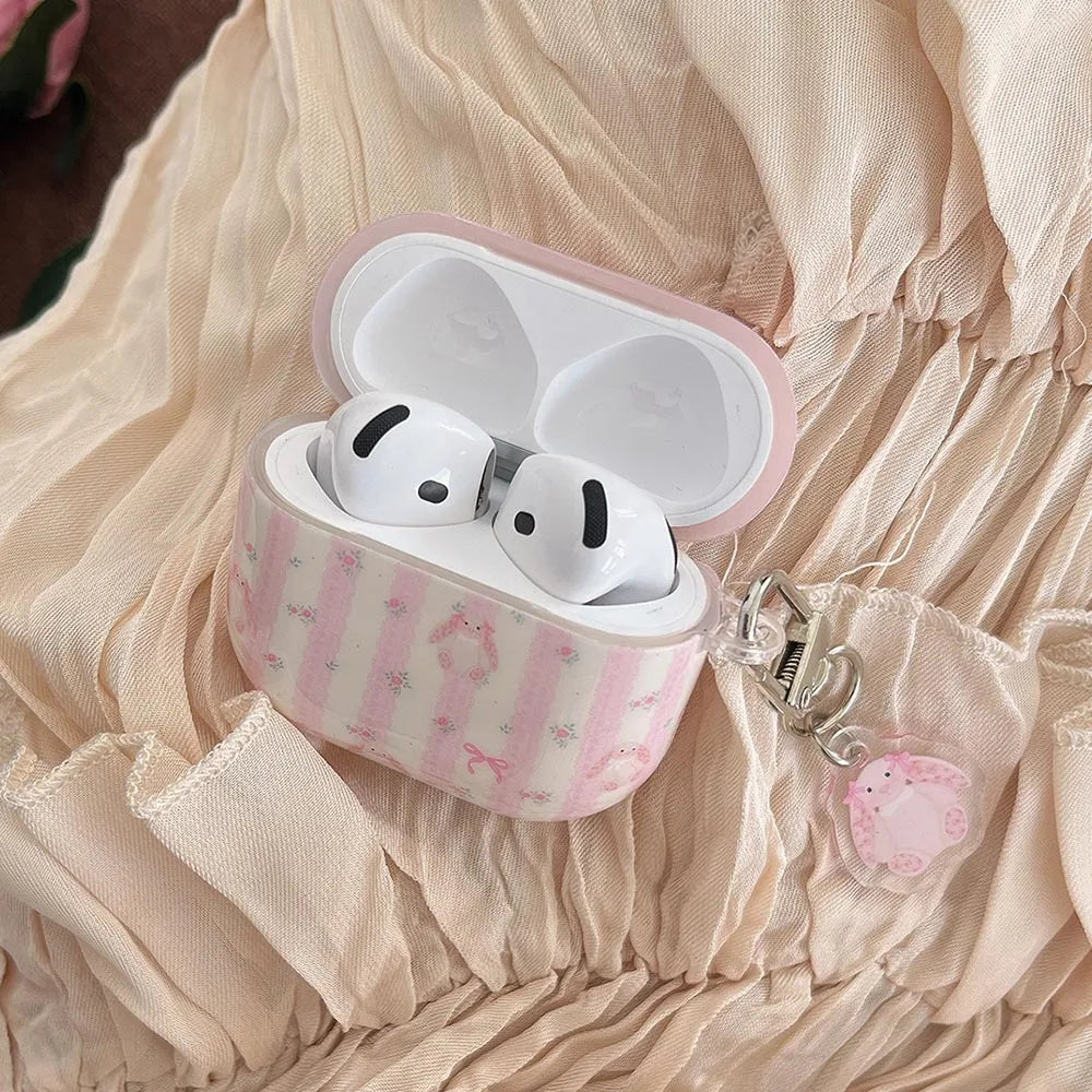Lovely Pink Stripe Suitable Girl Wireless Bluetooth Earphone Case Protection Cover For Apple AirPods 1 2 3 4 Pro 2 Soft Shell
