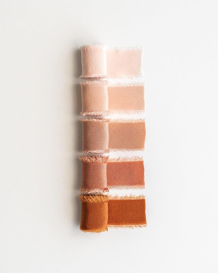 Tono + co Limited Edition 'The Color Orange' in Classic Silk Ribbon. View the new fall favorites featuring Champagne + Terra Cotta + Rust, lovingly hand-dyed in Santa Ana, California. Check out our website for more color, wedding, and styling inspiration.