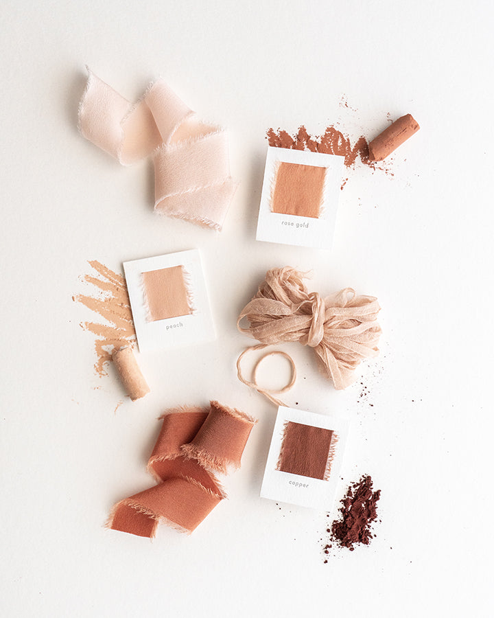 Tono + co Limited Edition 'The Color Orange' in Classic Silk Ribbon. View the new fall favorites featuring Champagne + Terra Cotta + Rust, lovingly hand-dyed in Santa Ana, California. Check out our website for more color, wedding, and styling inspiration.