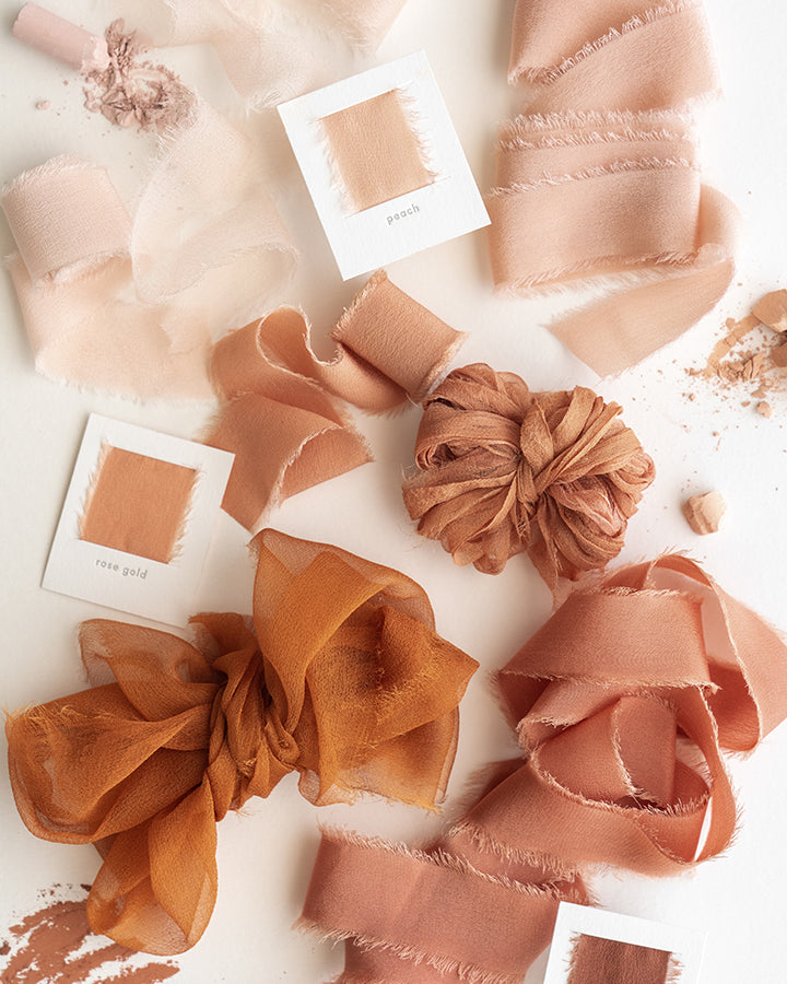 Tono + co Limited Edition 'The Color Orange' in Gossamer Silk Ribbon. View the new fall favorites featuring Champagne + Terra Cotta + Rust, lovingly hand-dyed in Santa Ana, California. Check out our website for more color, wedding, and styling inspiration.